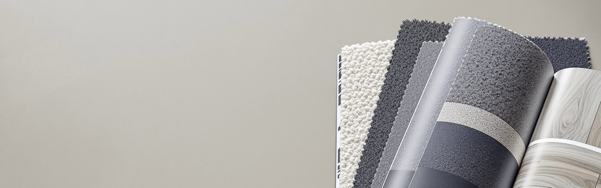 An open flooring sample book showing carpet and wood-effect swatches