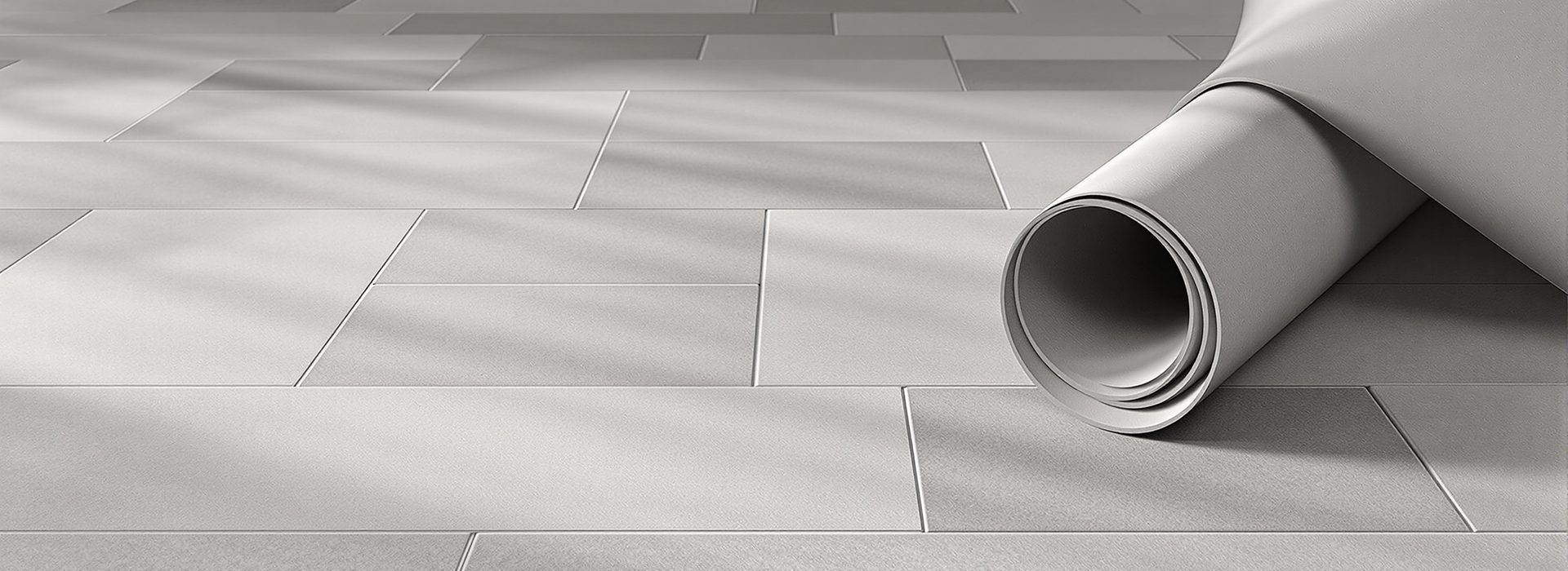 Tile-effect sheet vinyl flooring with a part-unrolled length of vinyl